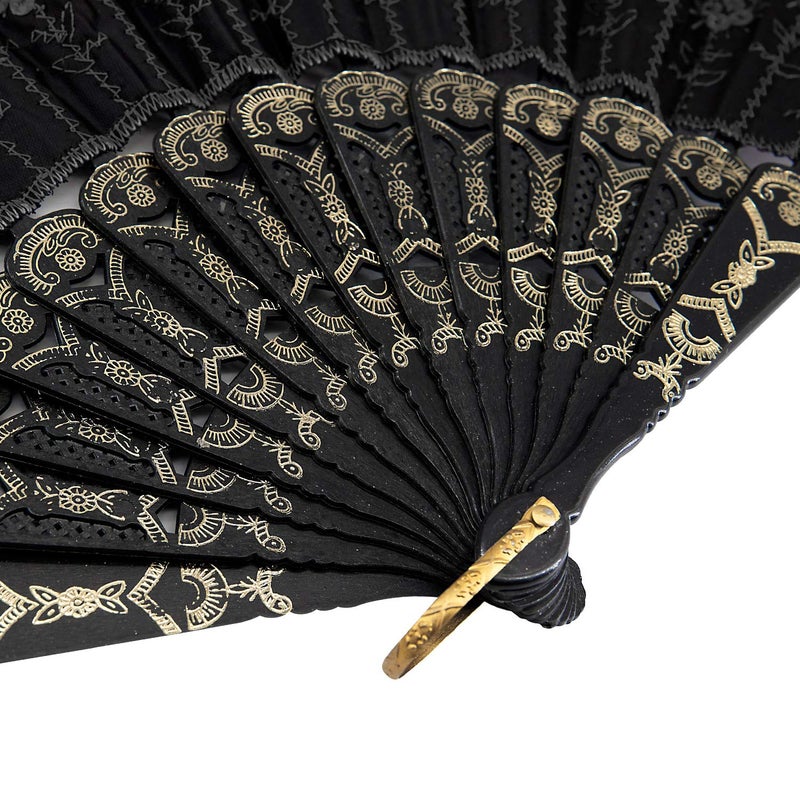 INNOLIFE Elegant Embroidered Flower Peacock Pattern Sequin Fabric Folding Handheld Hand Fan Hand-Crafted (Black) - Image 5